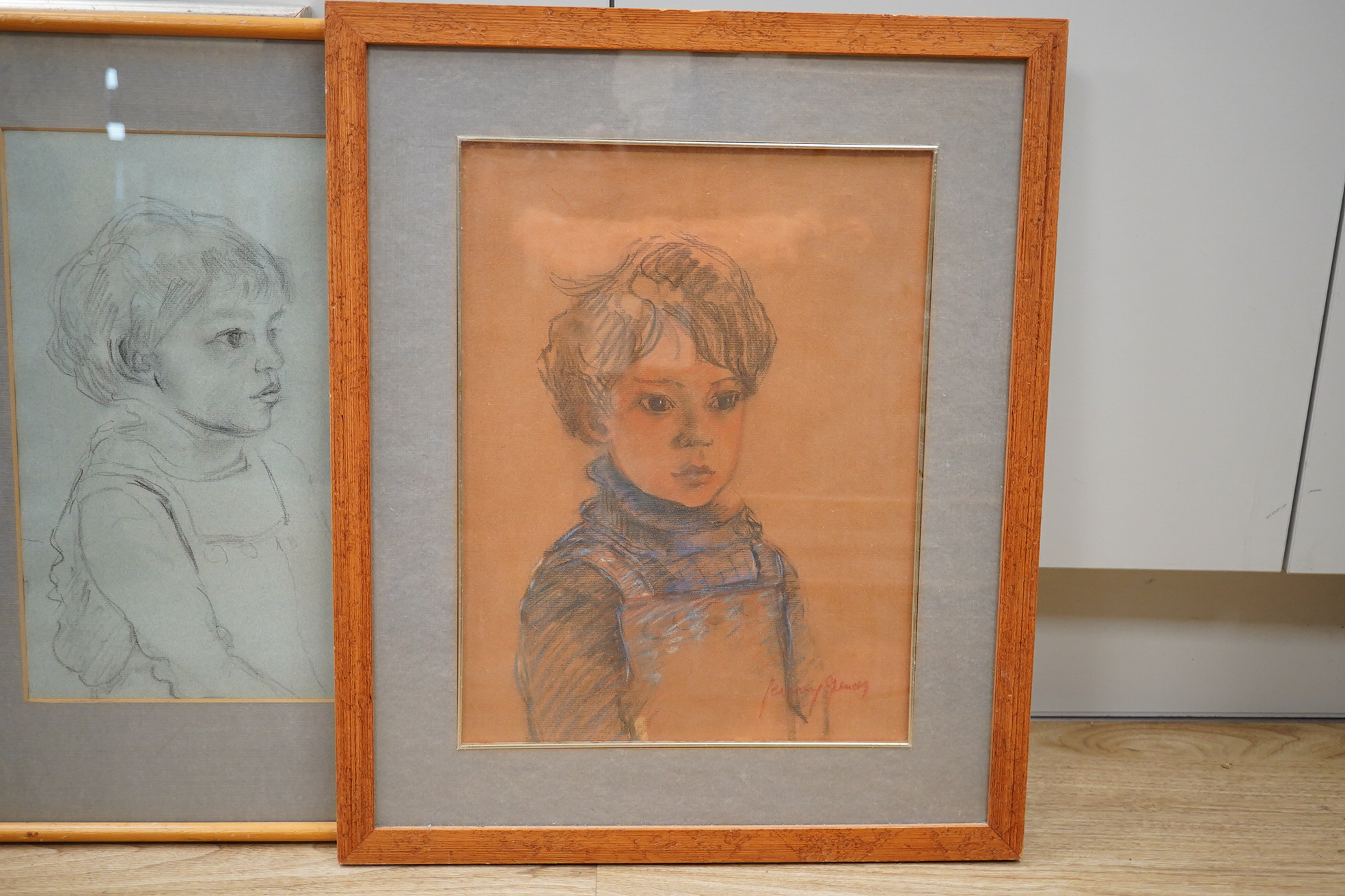 Jenny Spencer, four mixed media’s and an oil on canvas, portraits to include a young boy, three signed, one with label verso, largest 49 x 35cm. Condition - fair to good